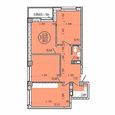 3 комнатная 58.57м²