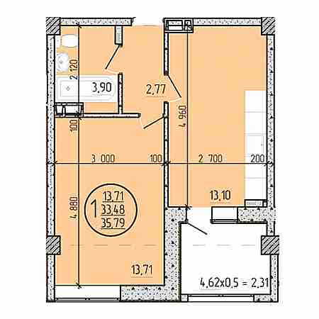 1 комнатная 35.79м²