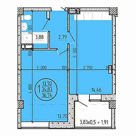 1 комнатная 36.74м²