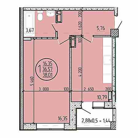 1 комнатная 38.01м²