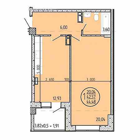 1 комнатная 44.48м²