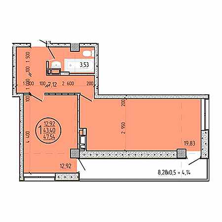 1 комнатная 47.54м²