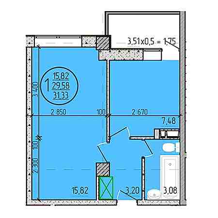 1 комнатная 31.33м²