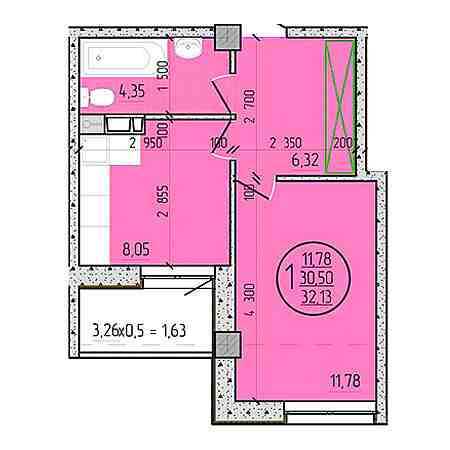 1 комнатная 32.13м²