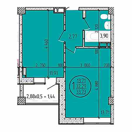 1 комнатная 33.73м²