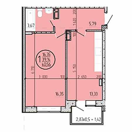 1 комнатная 40.56м²