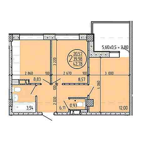 2 комнатная 42.78м²