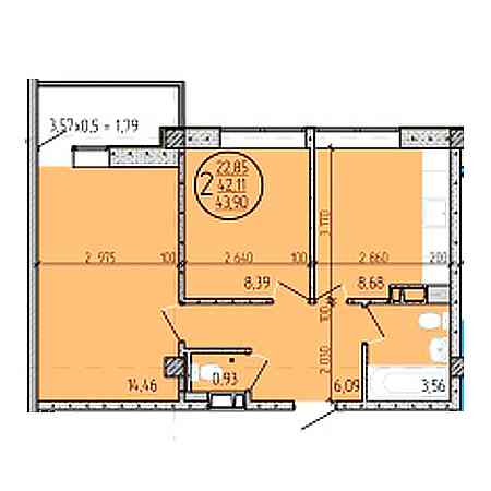 2 комнатная 43.9м²