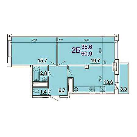 2 комнатная 60.9м²