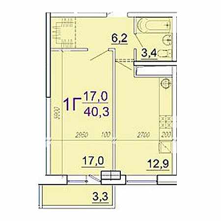 1 комнатная 40.3м²