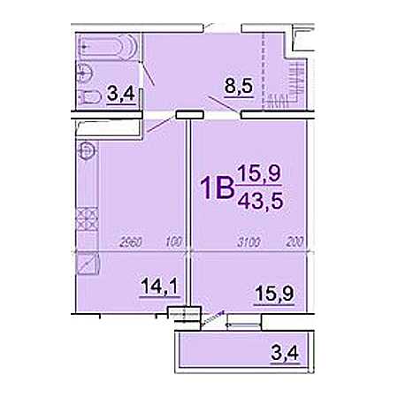 1 комнатная 43.5м²