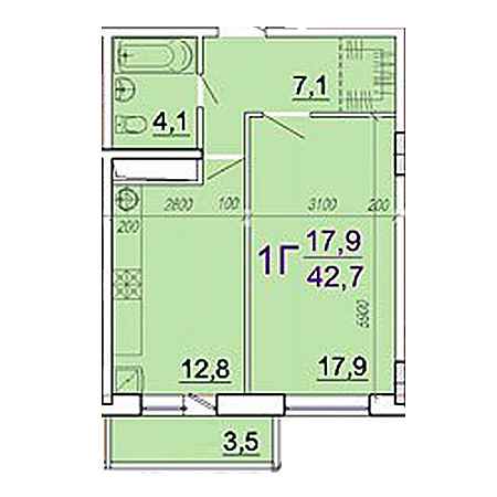 1 комнатная 42.7м²