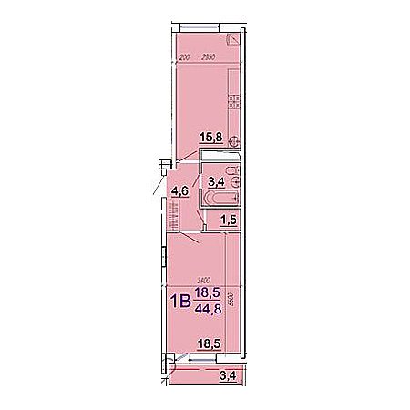 1 комнатная 44.8м²