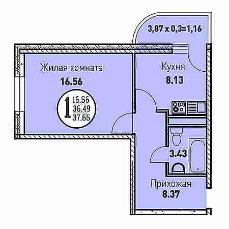 1 комнатная 37.65м²