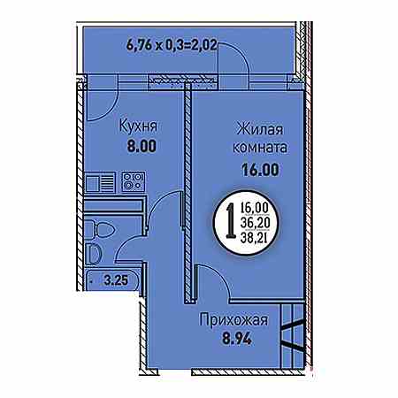 1 комнатная 38.21м²