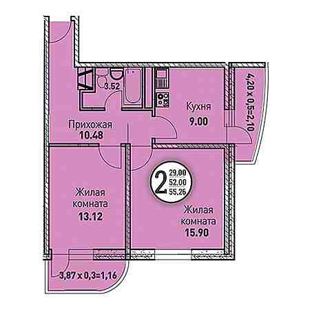 2 комнатная 55.26м²