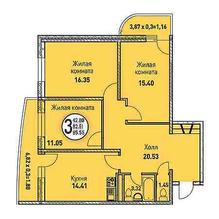 3 комнатная 85.55м²