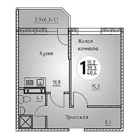 1 комнатная 40.4м²