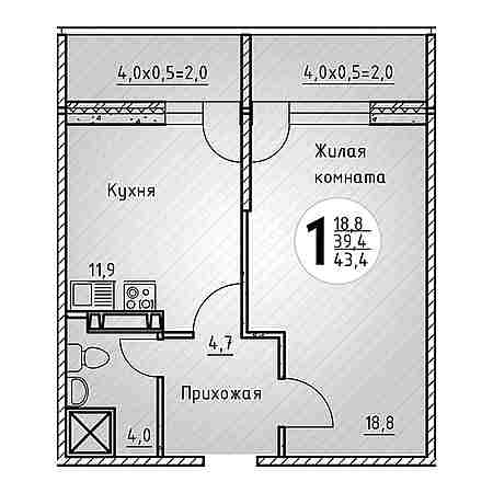 1 комнатная 43.4м²