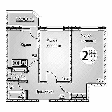 2 комнатная 48.9м²