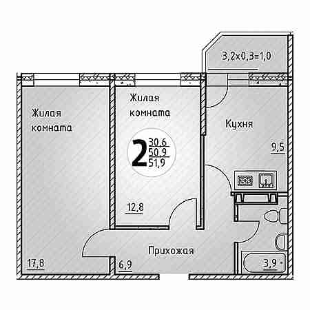 2 комнатная 51.9м²