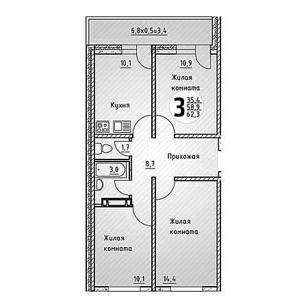 3 комнатная 62.3м²