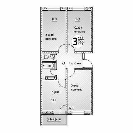 3 комнатная 67.3м²