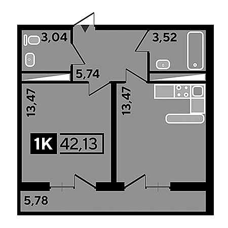 1 комнатная 42.13м²