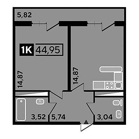 1 комнатная 44.95м²