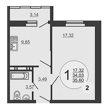 1 комнатная 35.6м²