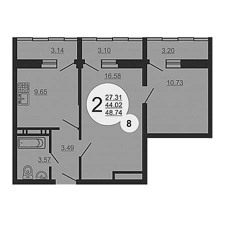 2 комнатная 48.74м²