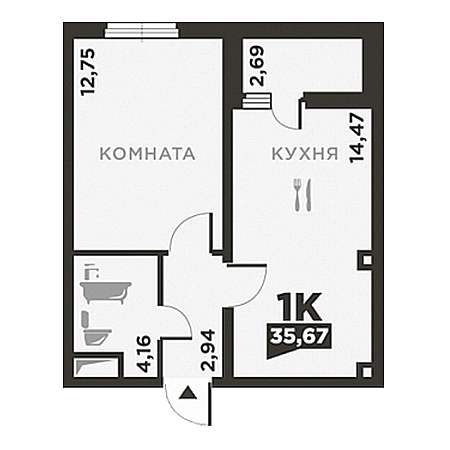 1 комнатная 35.67м²