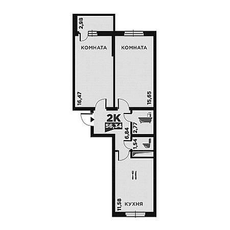 2 комнатная 56.34м²