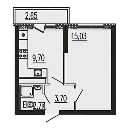 1 комнатная 33.85м²