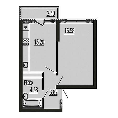 1 комнатная 40.38м²