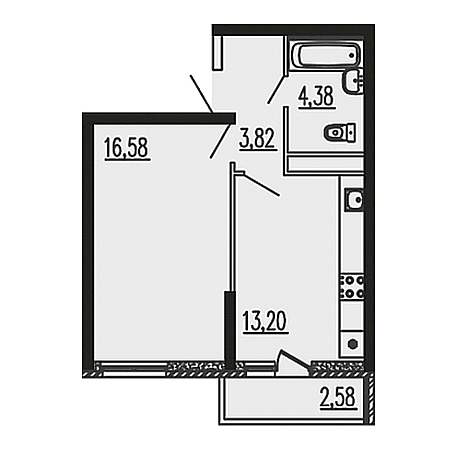 1 комнатная 40.56м²