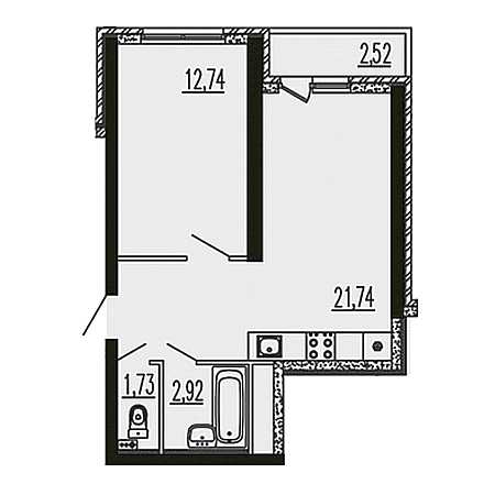 1 комнатная 41.65м²