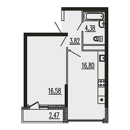 1 комнатная 44.05м²