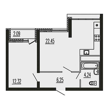 1 комнатная 47.35м²