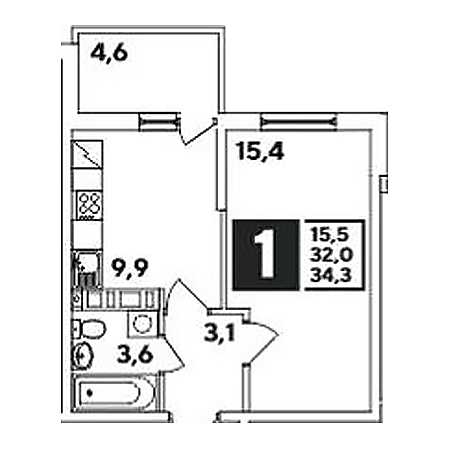 1 комнатная 34.3м²