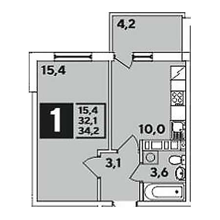 1 комнатная 34.2м²