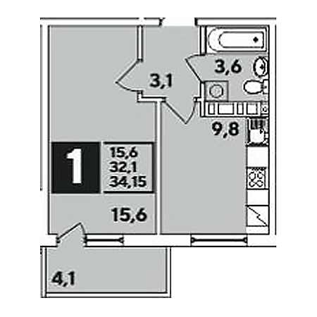 1 комнатная 34.15м²