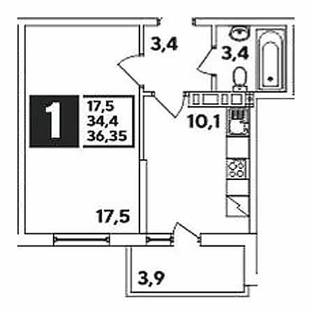 1 комнатная 36.35м²