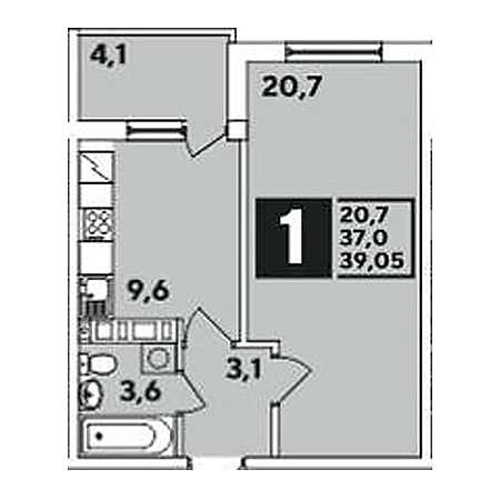 1 комнатная 39.05м²