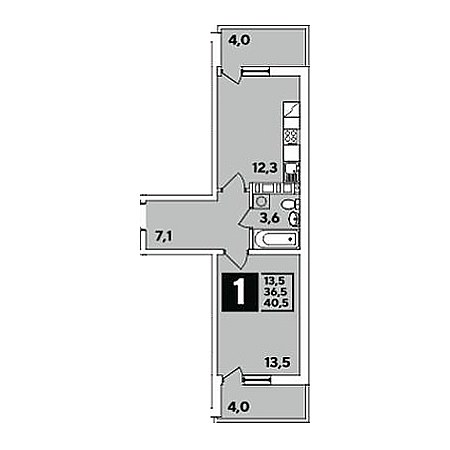 1 комнатная 40.5м²