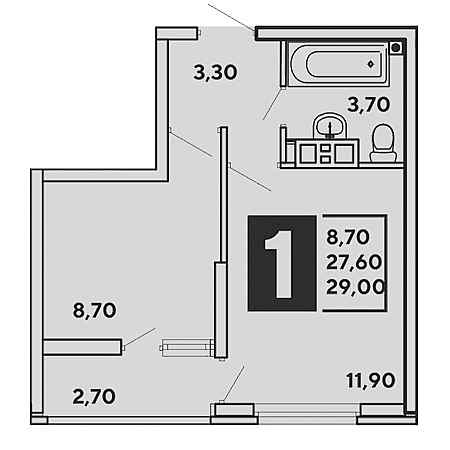 1 комнатная 29м²