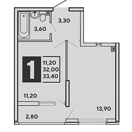 1 комнатная 33.4м²