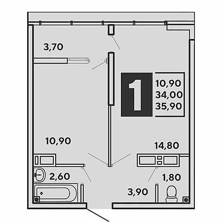 1 комнатная 35.9м²