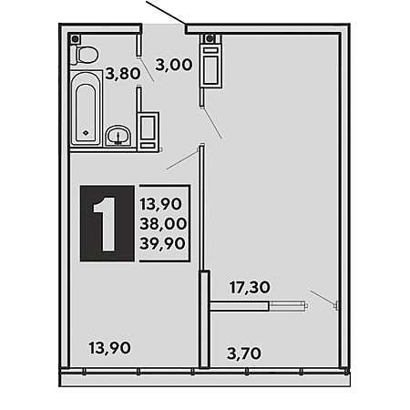 1 комнатная 39.9м²