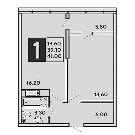 1 комнатная 41м²